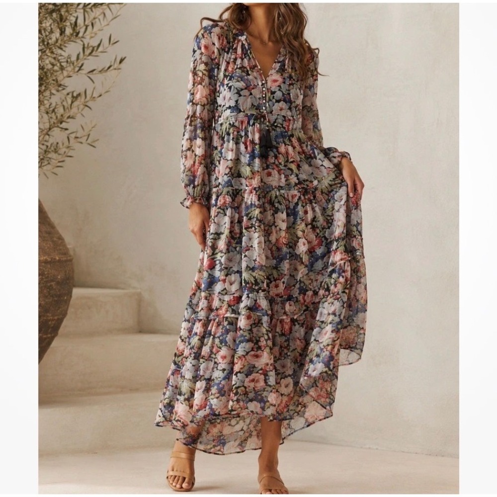Anthropologie Medium Marais Floral Chiffon Long Sleeve Maxi Dress Romantic